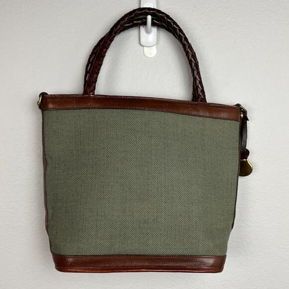 Vintage BRAHMIN Green Canvas & Saddle Brown Purse *Missing  Vintage BRAHMIN Green Canvas & Saddle Brown Purse *Missing Crossbody Strap